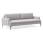 A light gray mid-century modern sofa with slim legs