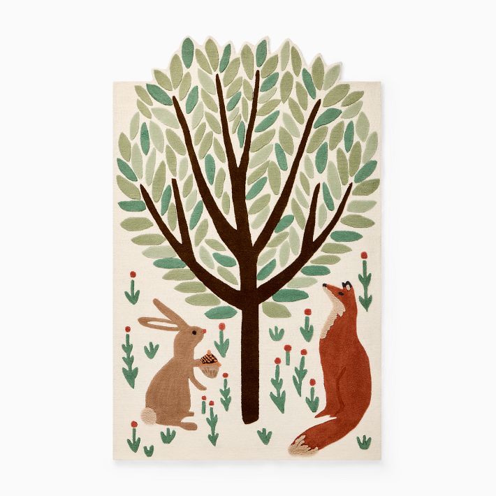 Tapis Mural Enfant Laine Bois Animaux 2x3 Pieds - Broderie Woodland