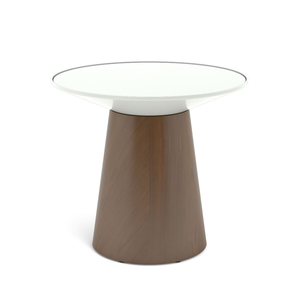 Wooden cone-based side table with glass top in darker brown finish