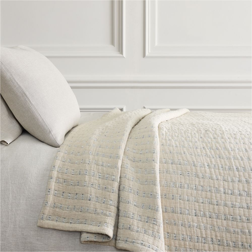 Two-Tone Cotton Jacquard Blanket - Full/Queen, Natural/Blue