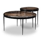 Two round nesting coffee tables with black legs and marbled tops, one partially overlapping