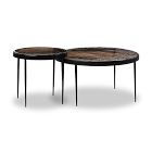 Two round marble-top tables side by side with black legs