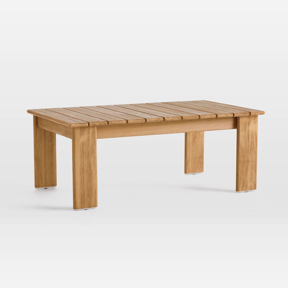 Wooden rectangular coffee table with slatted top.