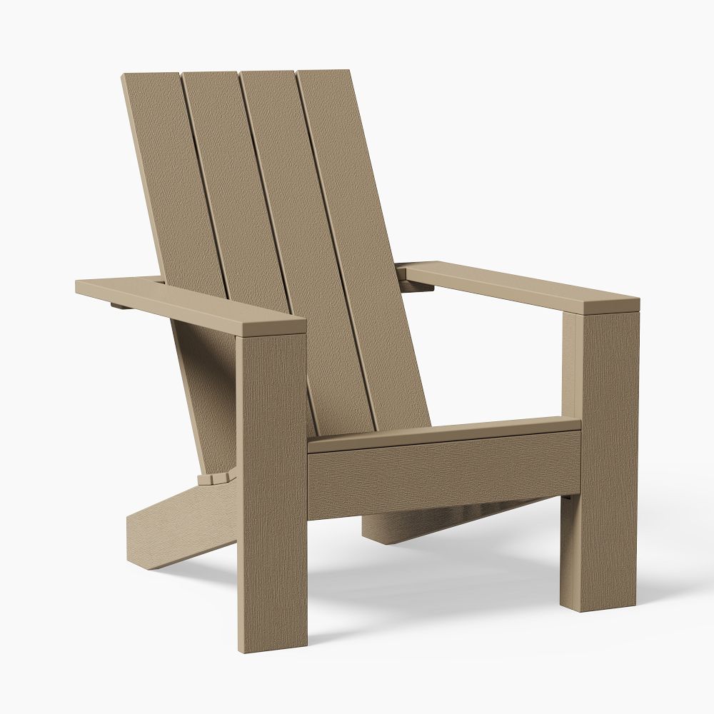 A wooden Adirondack-style chair in beige/brown, angled view highlighting slatted back and wide armrests.