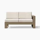 Two-seater sofa with beige cushions and a compact wooden base, viewed from front.
