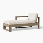 Long coffee lounge with beige cushion and separate ottoman at the left, modern wooden frame.