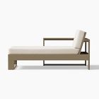 Lounge chaise with beige cushion and backrest on the right, wooden frame.