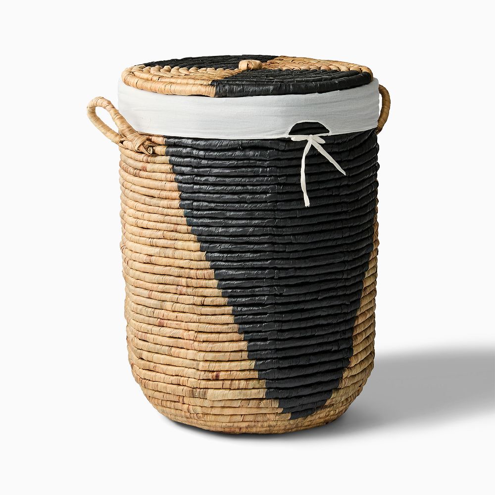 Woven Seagrass Lidded Hampers - Two-Tone, Small Hamper, 15.4"w x 22"h