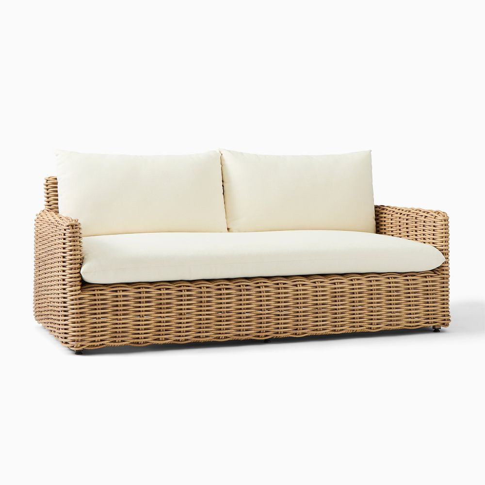 Westport Wicker Slim Profile Outdoor Sofa (68"–85") - All Weather Wicker, Natural, Crosshatch Weave, Alabaster