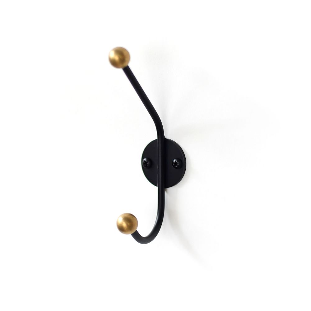 Drop Metal Mid-Century Wall Hook - Brass Ball Ends, Black