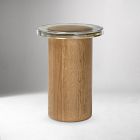 Front view of cylindrical wooden end table with lighter top