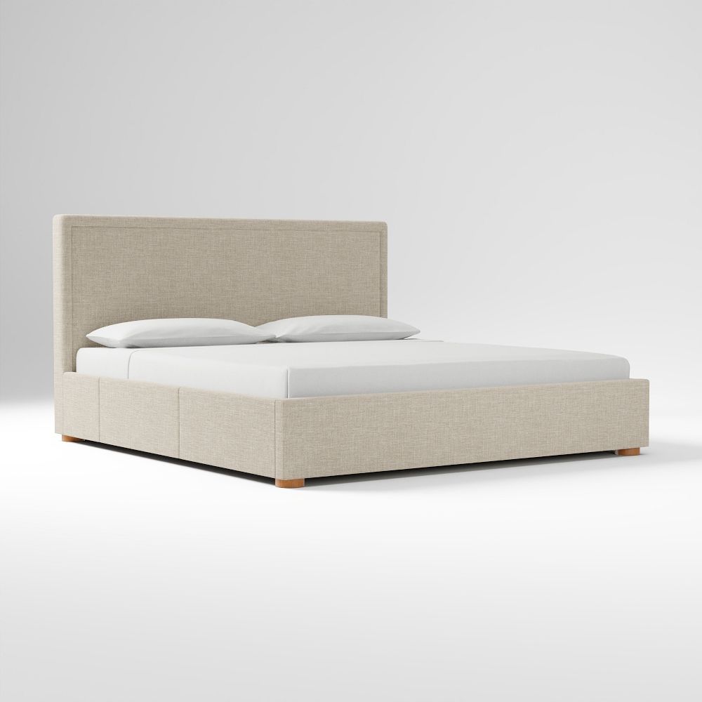 Emmett Nontufted Side Storage Bed - Wood Legs - Performance Yarn Dyed Linen Weave Oatmeal, Round Low Profile Wood Leg Almond, King