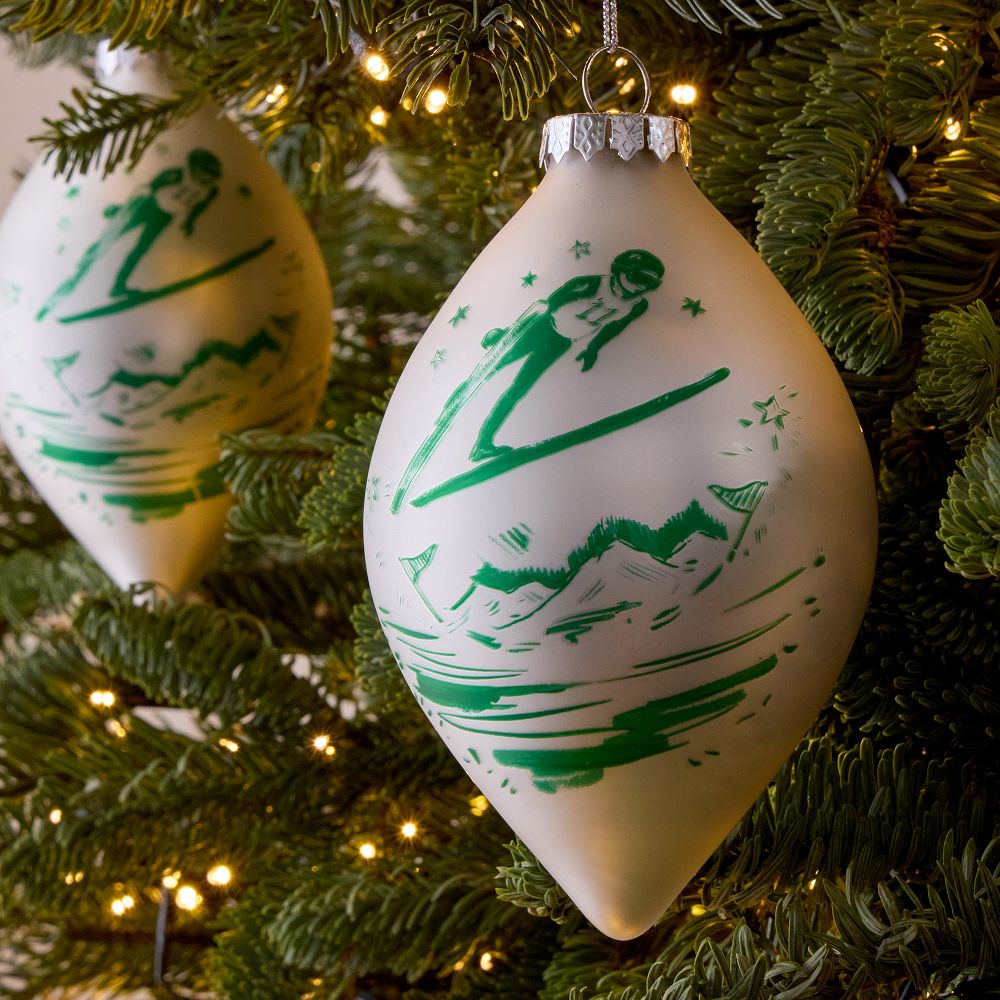 Painted Skier Glass Ornament - Green