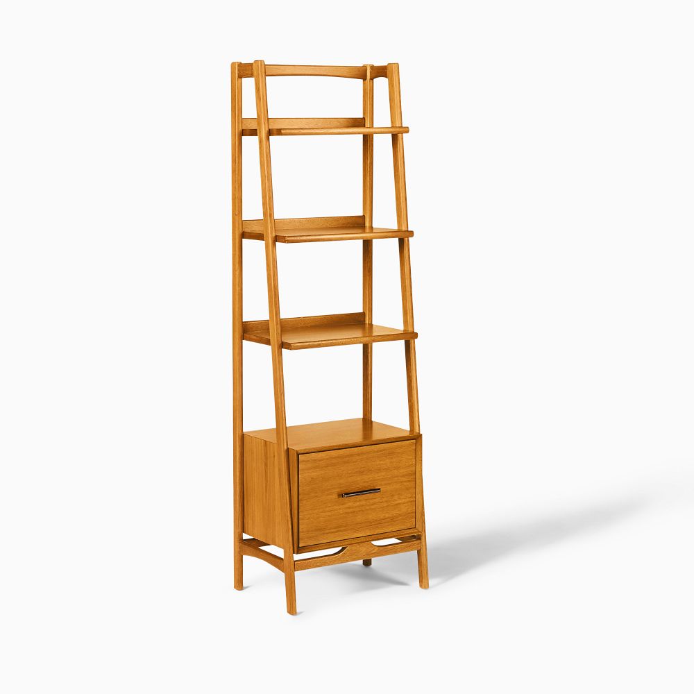 Mid-Century Bookshelf w/ Drawer (22") - Narrow Tower, Acorn