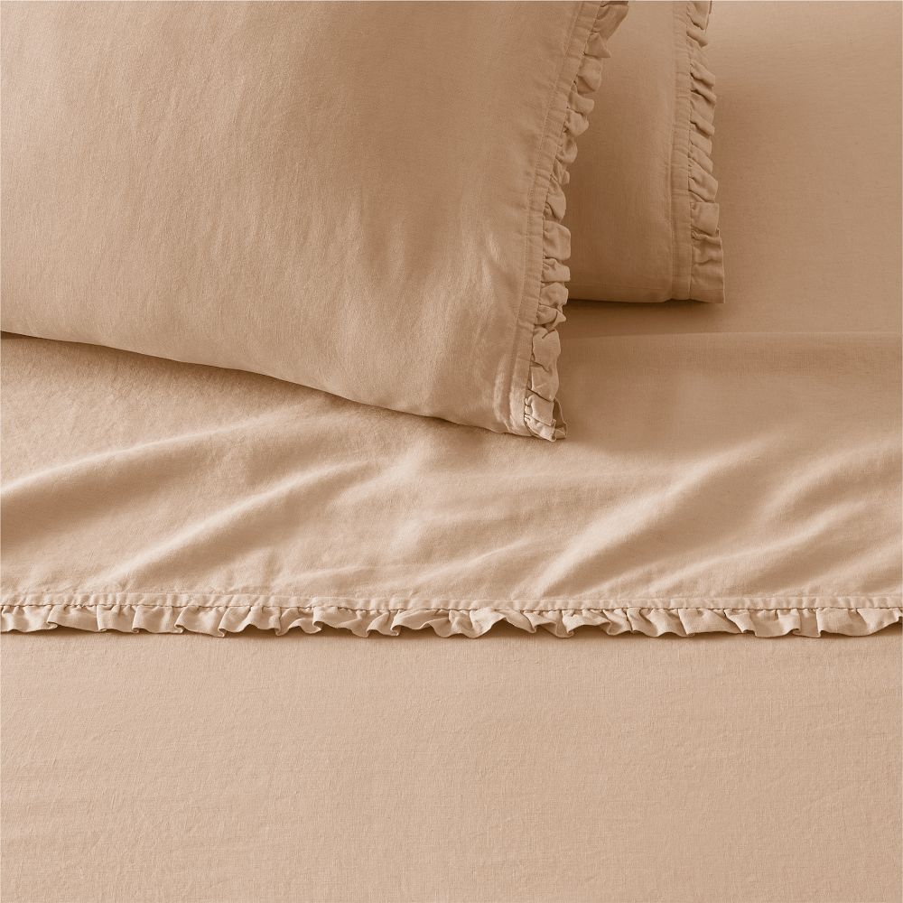 European Flax Linen Ruffle Sheet Set - Queen, Sandalwood