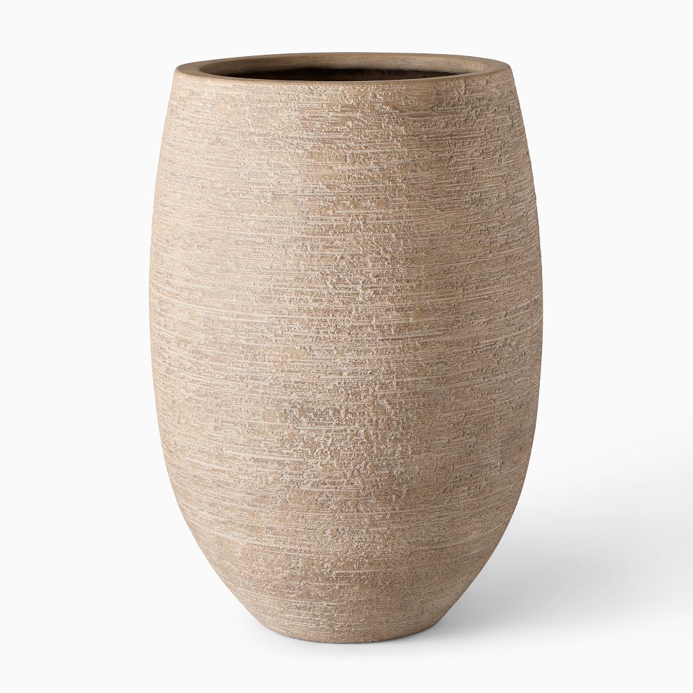 Curved Ficonstone Indoor/Outdoor Planters - Standard Entry, 20"D x 29"H, Textured Stone