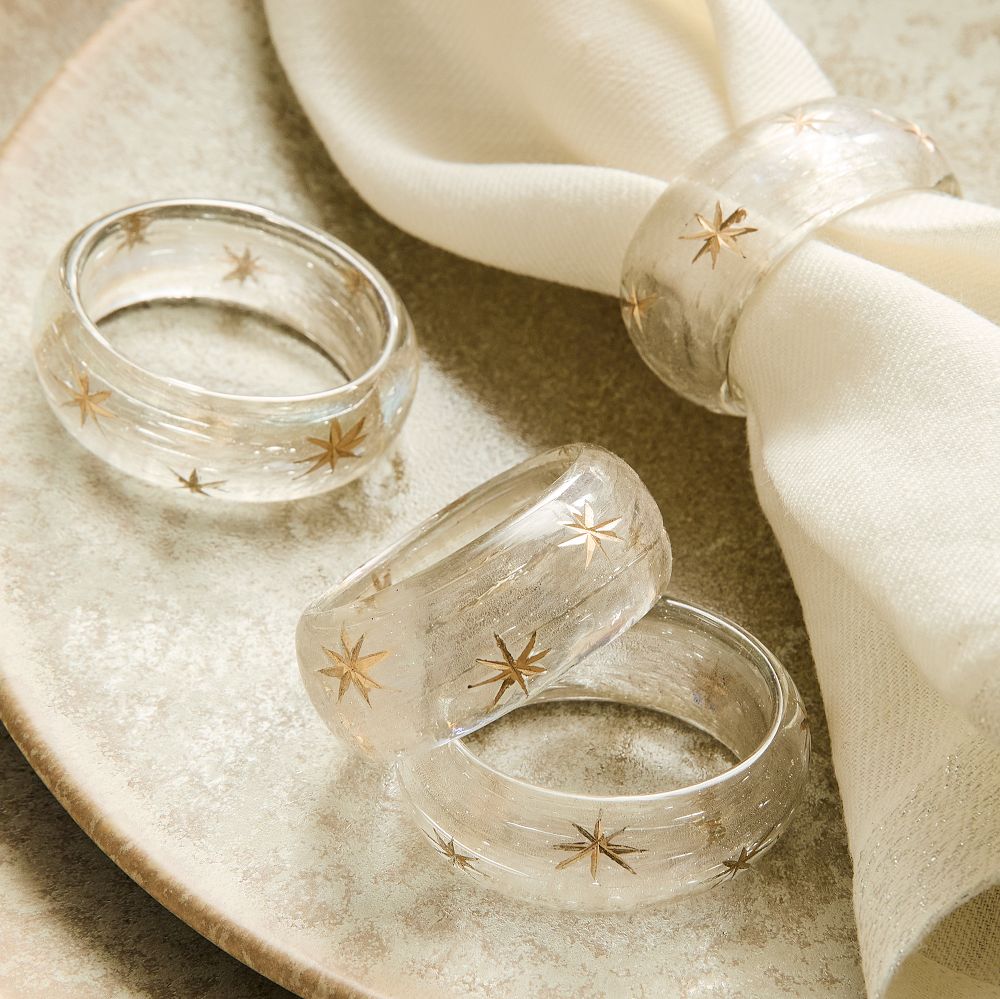 Etched Glass Snowflake Napkin Ring Sets