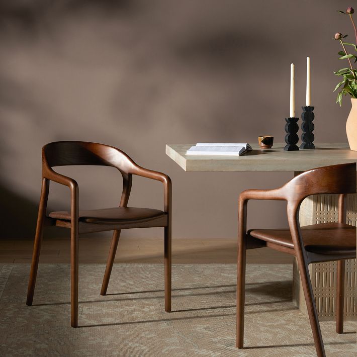 Scooped Ash Wood Leather Dining Armchair | West Elm