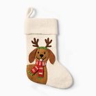 Open Box: Dog with Antlers Felt Stocking - White