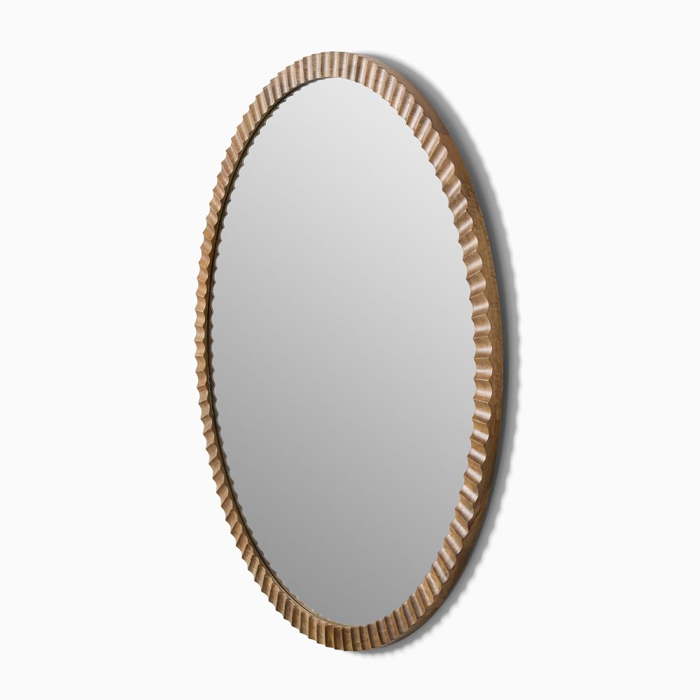 Frida Fluted Wood Round Wall Mirror - Burnt Wax, 36" Round