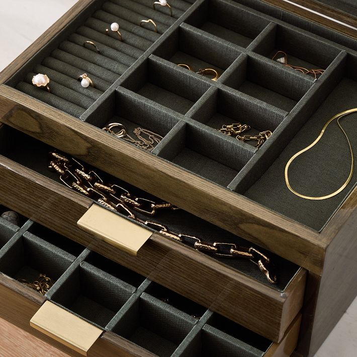 west elm 木製 ウッド ゴールド アクセサリージュエリーケース Julieta Wood Jewelry Box, Green Ash | West Elm
