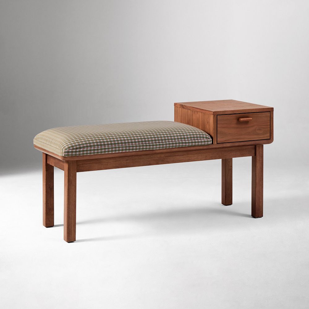 Emma Chamberlain Upholstered Telephone Bench (42") - Gingham Plaid, Cool Walnut