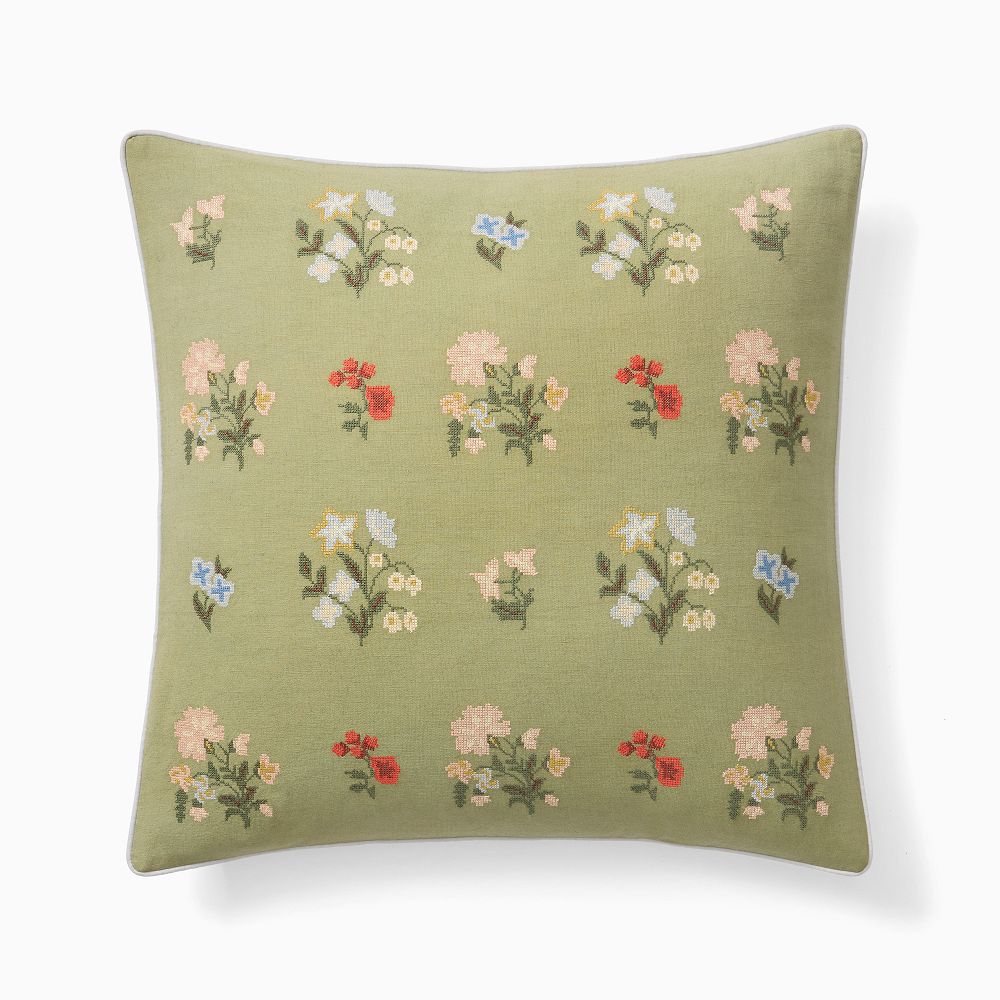 Embroidered Floral Pillow Cover - 20"x20", Sage
