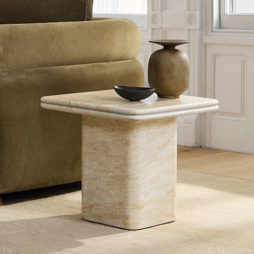 Royce Faux Travertine Pedestal Side Table (18") by West Elm