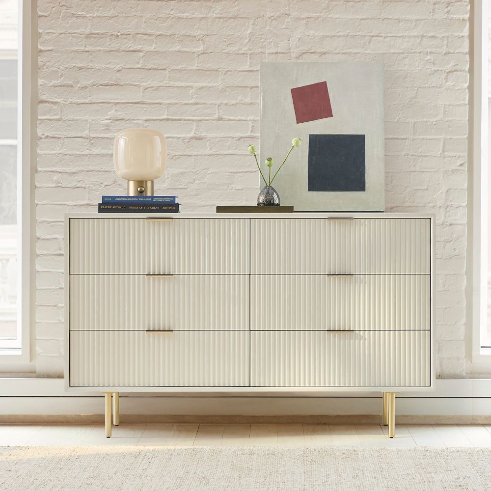 dresser wood white Cleo Oak Our Tudor Brass Inlay Distressed Mango Wood White Dresser With 6 Drawers is a vintage design that perfectly conveys a nurturing sense of relaxed comfort Alyson Distressed White Dresser Furniture