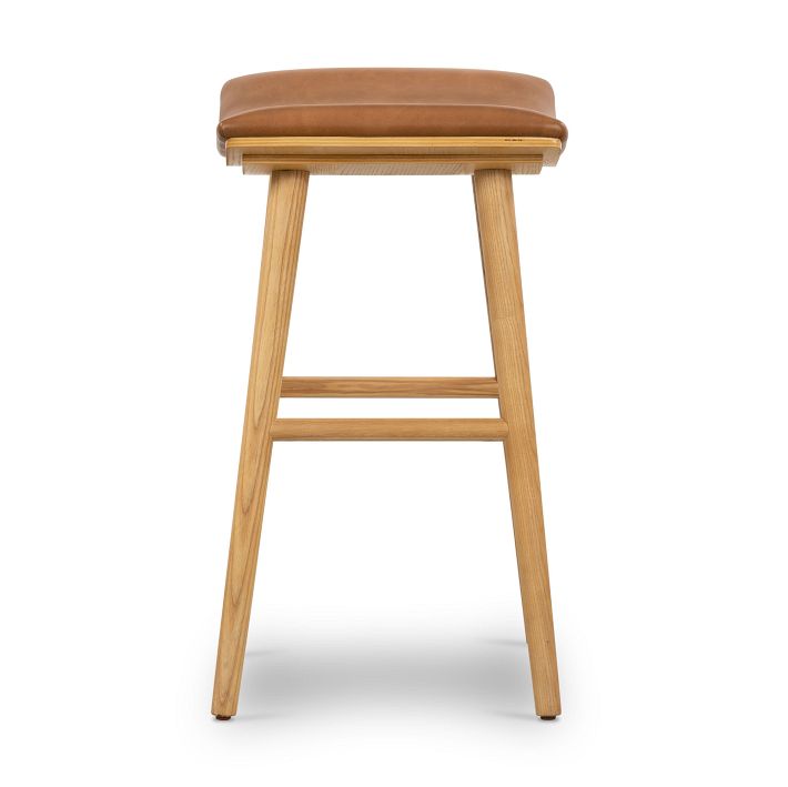 Oak Wood Leather Saddle Stools, 2 Heights | West Elm