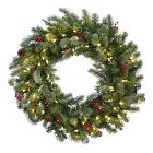 Pre-Lit Faux Pine Wreath w/ Berries &amp; Pine Cones