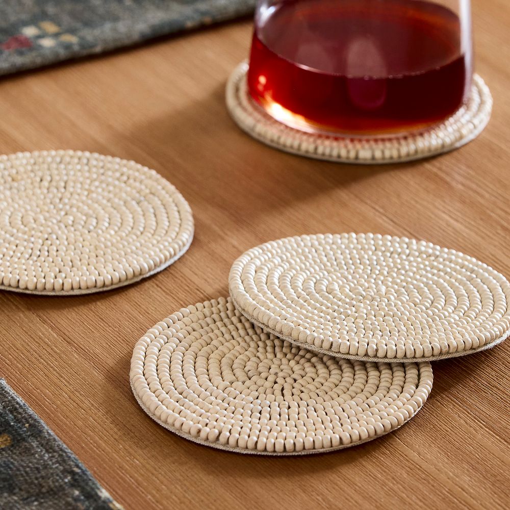 Wood Beaded Coaster Sets - Natural, Set of 4
