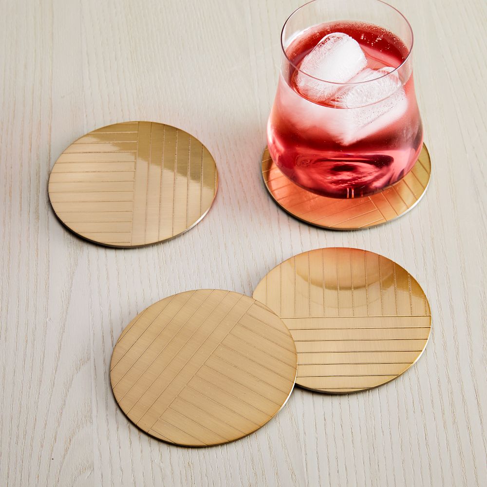 Linear Brass Coaster Sets - Set of 4, Antique Brass