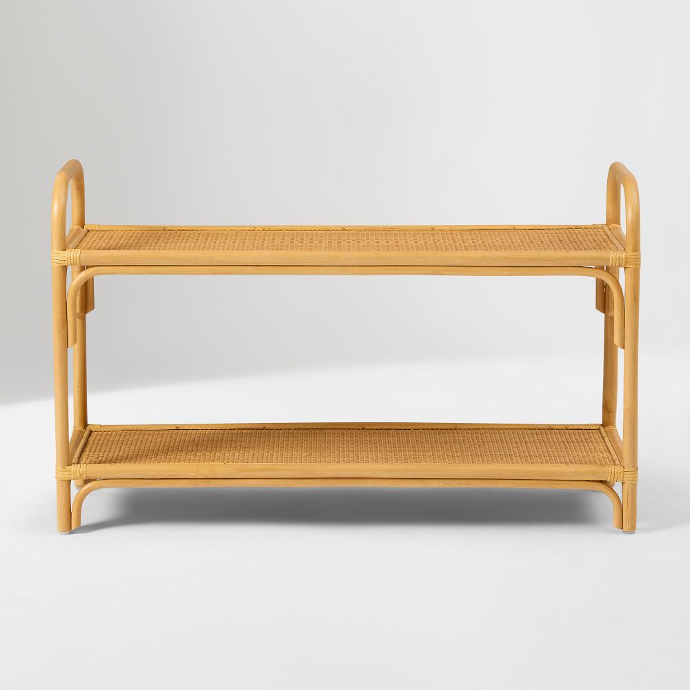 Front view of two-tier curved rattan shelf