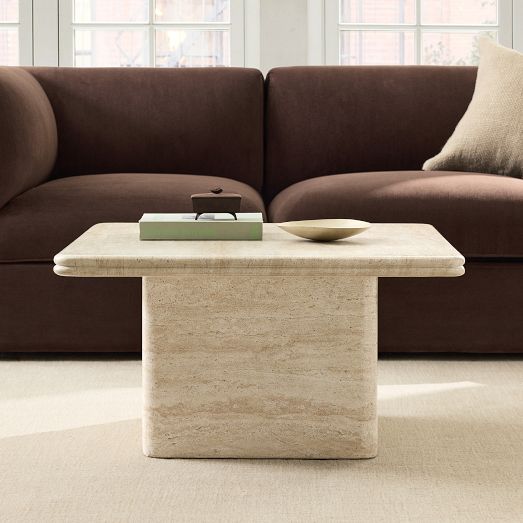 Royce Faux Travertine Square Pedestal Coffee Table (30") by West Elm