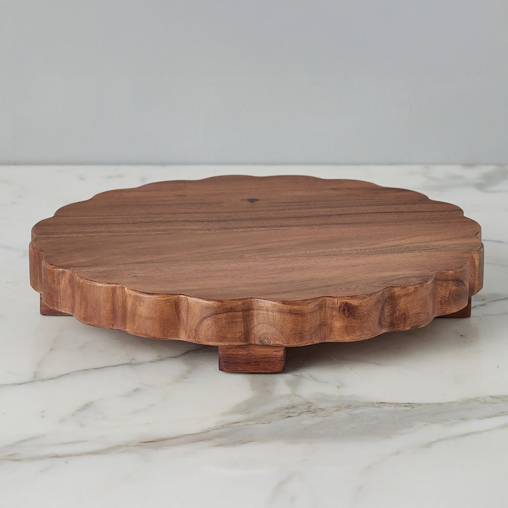 Scalloped Wood Trivet Riser - Large Round, Natural