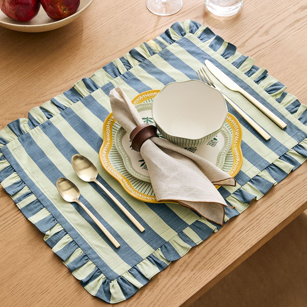 Wide Stripe Cotton Placemats - Fog Green, Set of 4