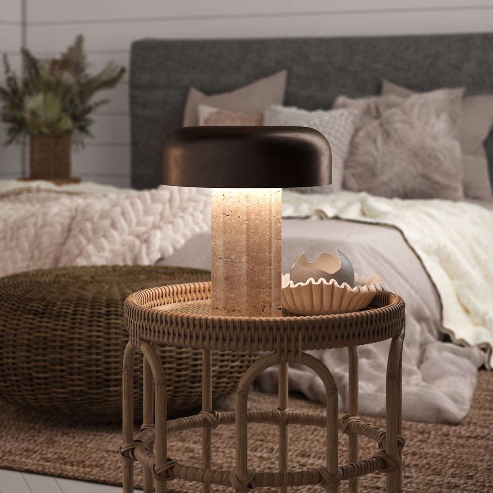 Shylah Cordless Fluted Travertine Table Lamp (12") by West Elm