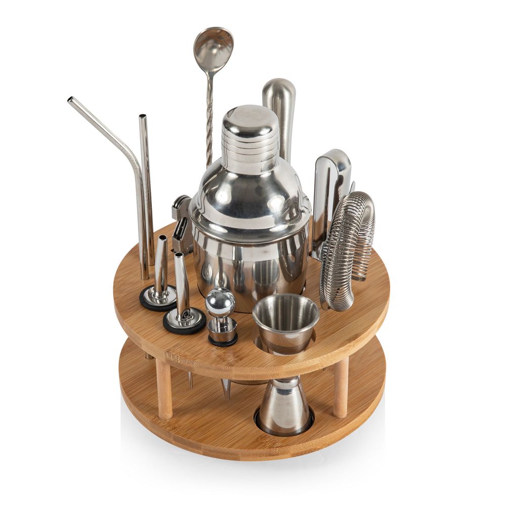Lazy Susan Bar Tools Set - Bamboo with Silver Accents