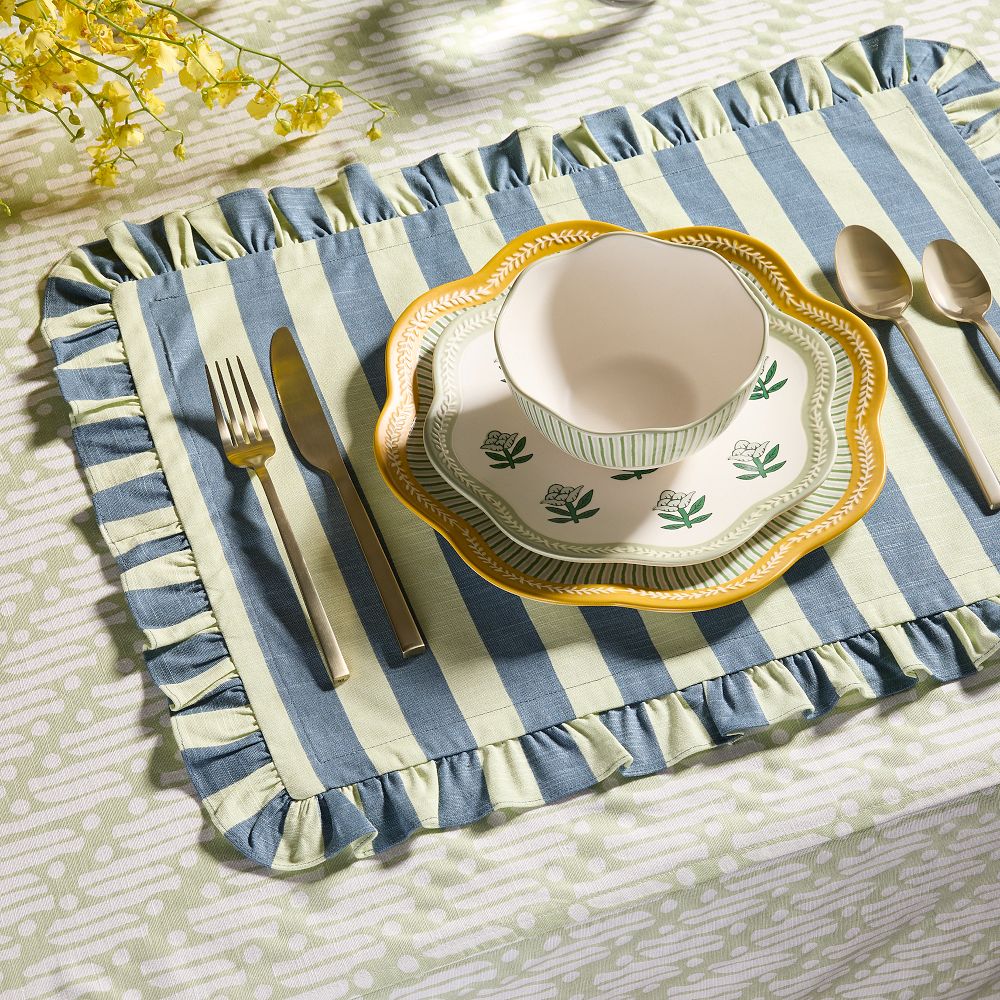 Wide Stripe Cotton Placemats - Fog Green, Set of 8