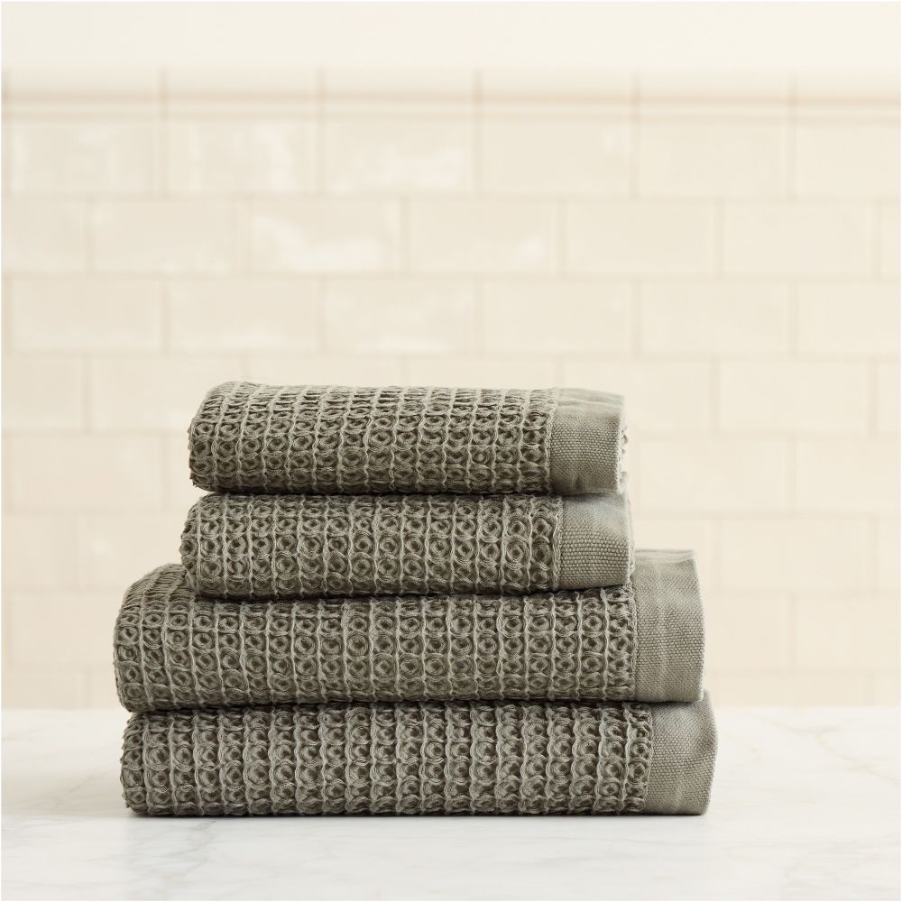 Waffle Towel Sets - Vetiver Green, 2 Bath Towels, 2 Hand Towels