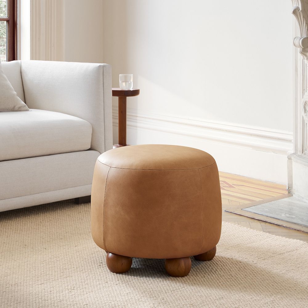 Thalia Leather Ottoman – Top-Grain, Walnut Legs | West Elm