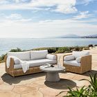 Coastal Wicker Outdoor Sofa, Swivel Chair &amp; Concrete Pedestal Round Coffee Table Set