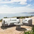 Coastal Wicker Outdoor Sofa, Swivel Chair &amp; Concrete Pedestal Round Coffee Table Set