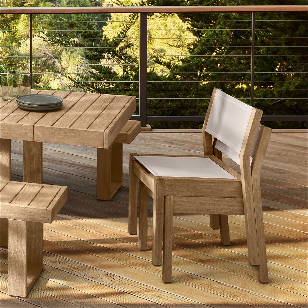 Portside Wood Outdoor Extendable Dining Table (76.5"–106"), Benches & Stacking Chairs Set - Reef + Portside Dining Bench, 66 Inches, Reef + Portside Dining Chair, S/2 Stacking Chair, Reef