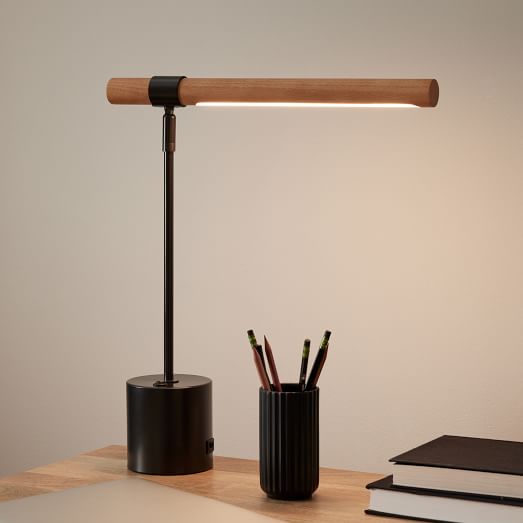 Linear Wood LED USB Charging Table Lamp (18") by West Elm