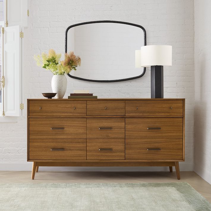 mid century modern dresser and nightstand Solid Wood Two-Drawer Brushed Walnut tapered legs Mid-Century 9-Drawer Dresser (70")