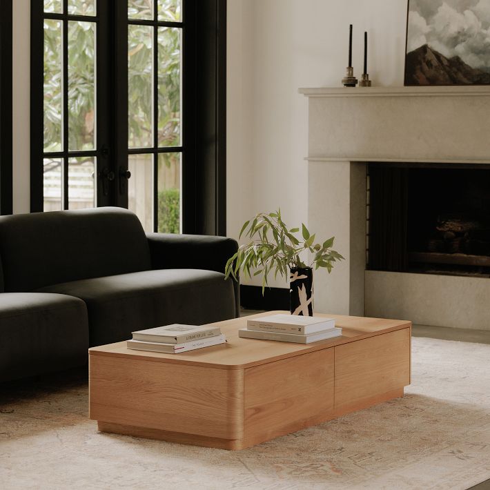 Rina Curved Oak Pedestal Storage Coffee Table | West Elm
