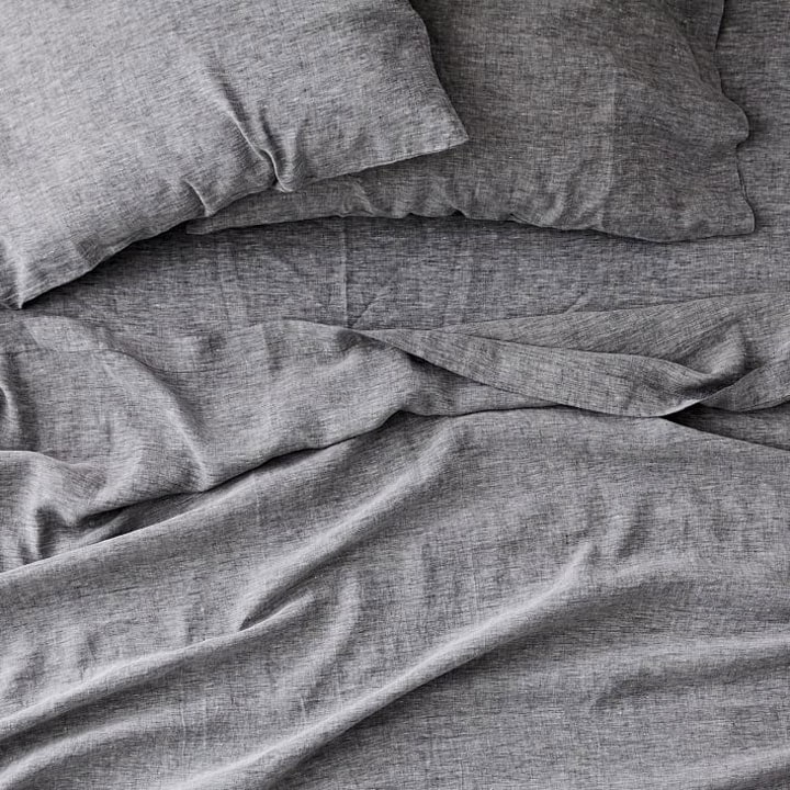 Gray linen sheets and pillows
