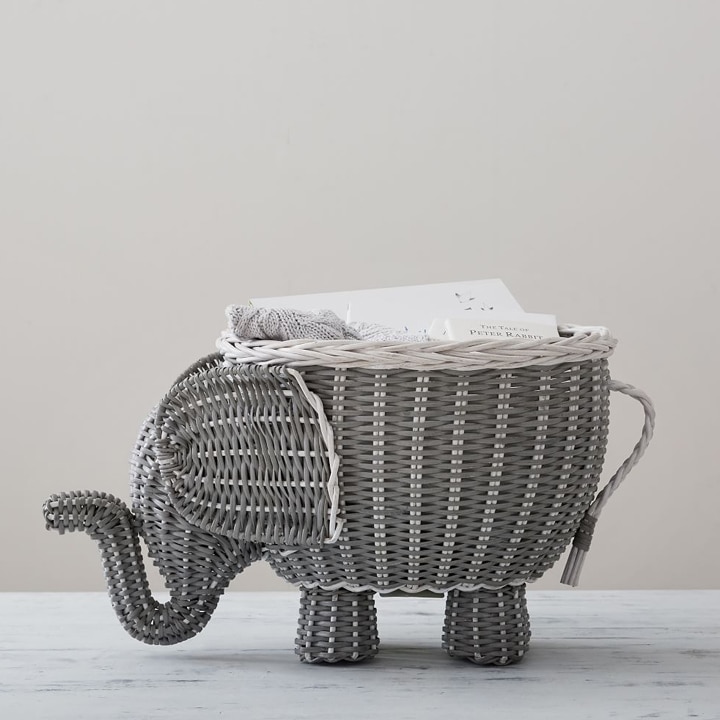 Wicker elephant-shaped basket.